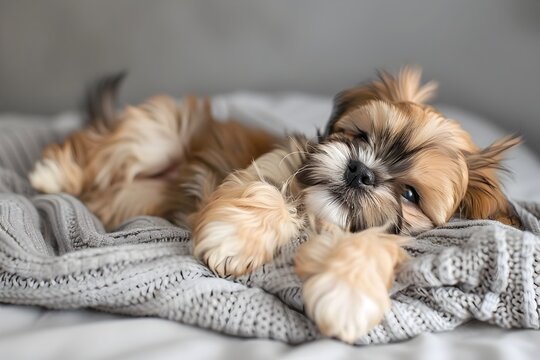 Adorable Shih Tzu Puppy Sleeping on a Gray Pillow