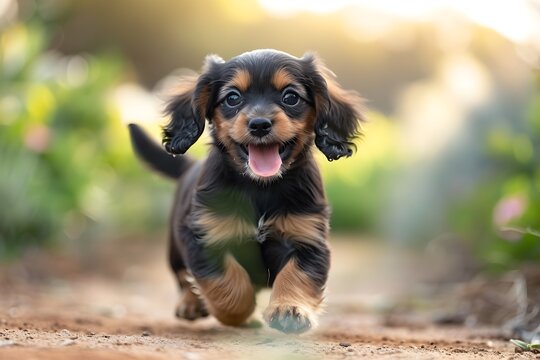Playful Black and Brown Puppy Running Around in the Field