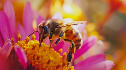 A close-up image of a bee on a vibrant flower collecting nectar with its body covered in pollen.