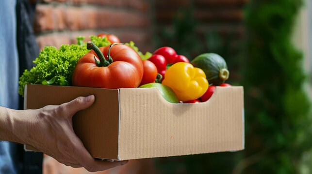 A courier carries a cardboard box of groceries, fast and safe food delivery. Farm organic market shopping concept, box with summer, autumn raw vegetables and fruits, in farmer mans hands inside.