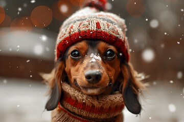 Cute Dachshund in Winter Hat and Scarf on a Freezing Day - obrazy, fototapety, plakaty