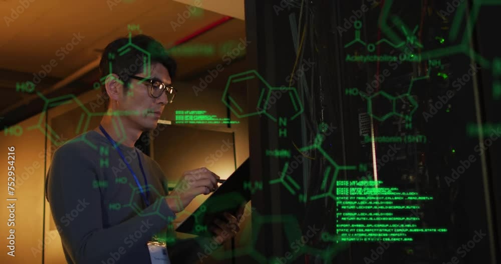 Aufkleber animation of element diagrams and data processing over asian male technician working in server room