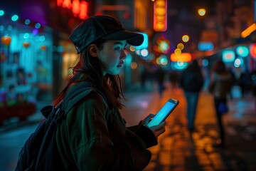A woman is looking at her phone while walking down a street - obrazy, fototapety, plakaty