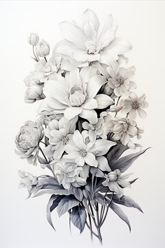 Botanical Illustration: Detailed black and white drawing of flowering plant on white background.