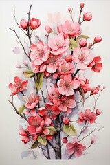 Botanical Illustration: Detailed watercolor drawing of pink flowering spring tree branch on white background.