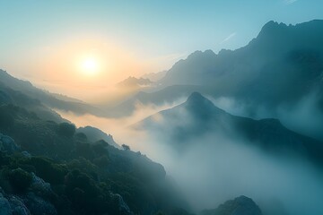 Misty Mountain Range Under the Morning Sun