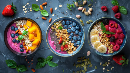 Three colorful smoothie bowls topped with a variety of fresh fruits, nuts, seeds, and granola arranged on a dark textured background, depicting a healthy and nutritious breakfast or snack option.
