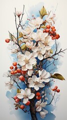 Botanical Illustration: Detailed watercolor drawing of spring apricot tree branch.