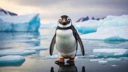 Fototapeta premium A cute penguin stands among the ice of Antarctica. Inhabitants of the cold corners of the planet