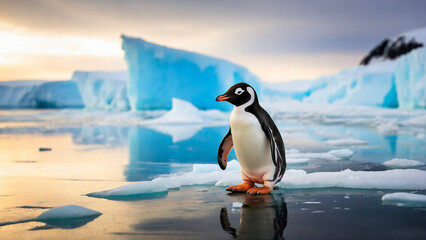 Fototapeta premium A cute penguin stands among the ice of Antarctica. Inhabitants of the cold corners of the planet