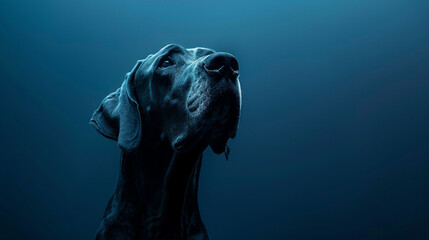 A majestic Great Dane captured in a moment of regality, against a deep navy blue background in high...