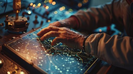 the astronomer's hands operate the telescope's control panel, a constellation map is placed next to them