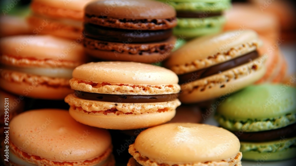 Poster vibrant assorted macarons forming a colorful background perfect for design projects and concepts.