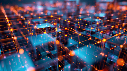 Fototapeta premium Digital virtual space, Virtual digital matrix particles abstract cyber space environment background, Light abstract background, futuristic tech presentations or digital art, depth of field, Ai 