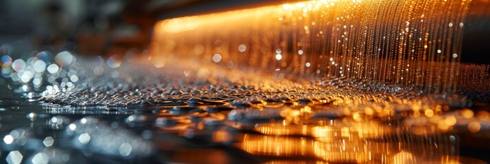 Abstract glittering waves with bokeh lights. This detailed image captures the essence of abstract waves with a shimmering bokeh effect, resembling golden silk cloth. 