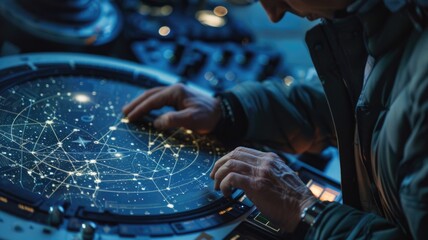 the astronomer's hands operate the telescope's control panel, a constellation map is placed next to them