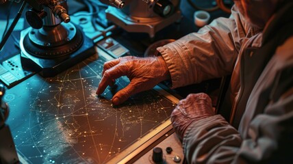 Fototapeta na wymiar the astronomer's hands operate the telescope's control panel, a constellation map is placed next to them