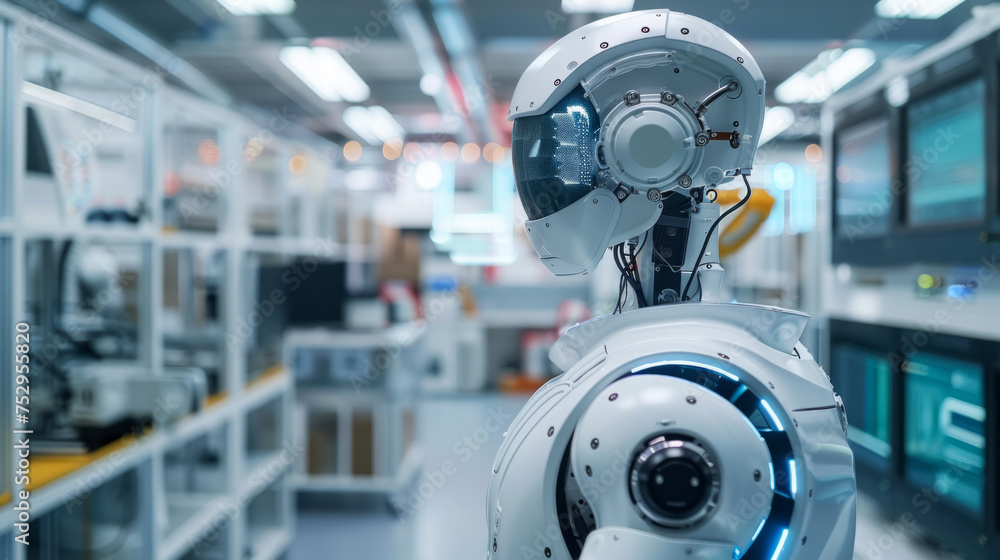 Aufkleber a futuristic robot with a human-like form stands in a high-tech laboratory environment. it features 