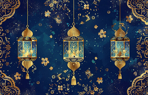 An oriental metal lantern with a candle in a beautiful ramadan scene. Realistic lantern with intricate patterns