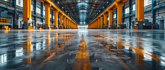 Low angle view of a spacious industrial warehouse with high ceilings, large windows, and reflective glossy floor with a yellow guiding line, emphasizing symmetry and depth.