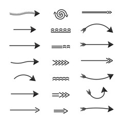 Arrows direction of movement, a set of black arrows of different shapes dotted twisted pointers landmarks. Vector elements isolate.