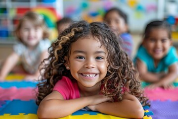 Cheerful child with curly hair smiling in a kindergarten setting