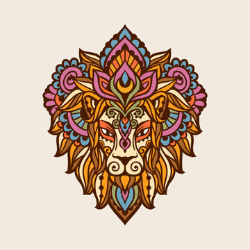 Lion mandala retro. Vector illustration. Flower Ethnic drawing. Leo animal nature in Zen boho style. Coloring page, hippie style