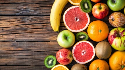 Assortment of vibrant summer fruits including bananas, oranges, apples, kiwis, and grapefruits arranged on a brown wooden surface. This represents a display of healthy organic food options, rich in de