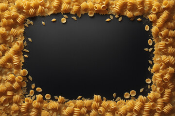 Background of different varieties of pasta with space for text on black background. Spilled pasta, carbohydrate concept - obrazy, fototapety, plakaty