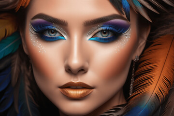 Eyelashes in the form of feathers. Unusual eye makeup with bird feathers. A girl's face decorated with colorful feathers. Make-up for the carnival