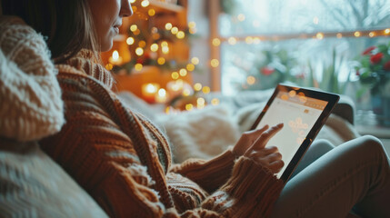 A cozy scene featuring an individual in a warm sweater using a digital tablet, comfortably seated indoors with soft lighting and bokeh from string lights in the background. - obrazy, fototapety, plakaty