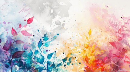 Colorful watercolor splashes on a white backdrop with floral elements of flowers and leaves