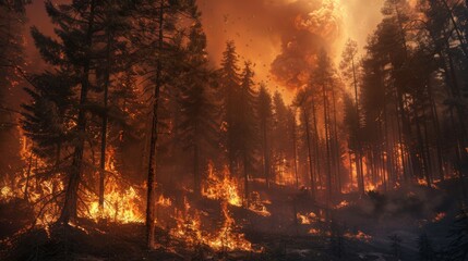 A haunting view of a forest ablaze with fire, illuminating the night with fierce orange flames, highlighting the severity of wildfires - obrazy, fototapety, plakaty