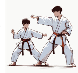two children in kimono with belt training karate and taekwondo