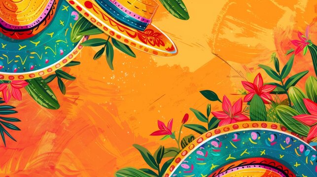 Vibrant Cinco de Mayo background with colorful sombreros and tropical flowers on an orange backdrop. Ideal for celebration themes and cultural events.