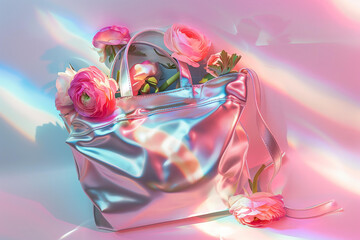 ranunculus in a trendy silver bag on a holographic background