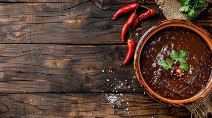 Authentic mole poblano over chicken, garnished with sesame seeds and cilantro, accompanied by a lime wedge, traditional Mexican cuisine, rustic wooden background, space for text - obrazy, fototapety, plakaty