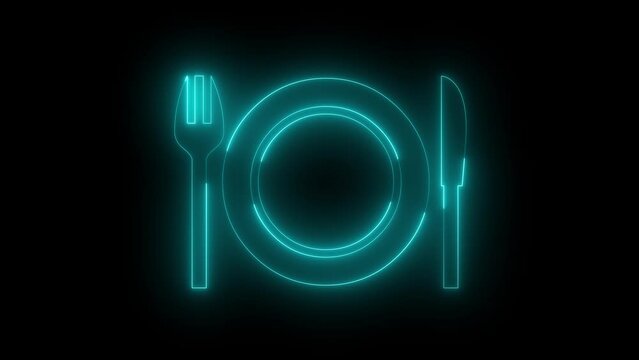 Neon glowing cyan plate spoon icon animation in black background
