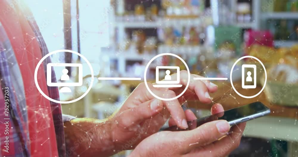 Poster animation of media network and connections over caucasian man in shop using smartphone