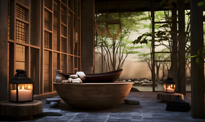 Spa bathroom spaces in Japanese style. Relaxation and spa facilities.