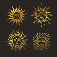 Sun vector gold illustration, hand drawn celestial boho line art logo, icons and symbol mystic moon tattoo elements for decoration.
