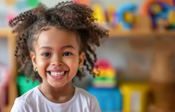 Close up happy african american child girl in classroom