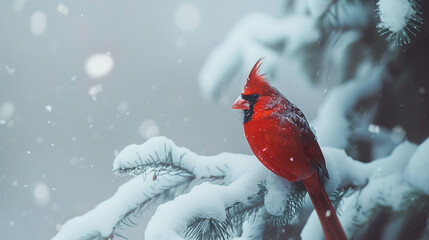 A majestic red cardinal in winter, its bright red feathers standing out against a snowy white background.
