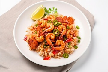 Seafood Tom Yum Fried Rice,Stir fried rice with shrimp and squid with chilli sauce on white plate. Image for cafe menu, Banner