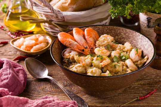 Traditional Portuguese bread soup with shrimp.. A&Ccedil;ORDA ALENTEJANA.