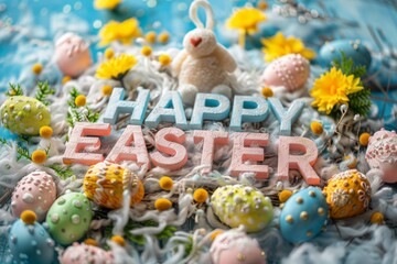 Colorful Easter Egg Basket Tulip bouquet. Happy easter turquoise glimmer bunny. 3d Easterly hare rabbit illustration. Cute gpu acceleration festive card plush backpack copy space wallpaper backdrop