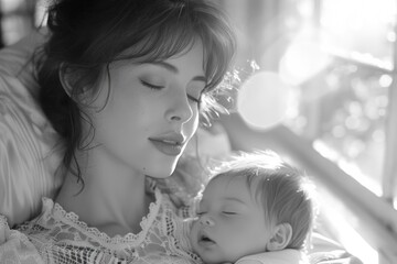 Adorable black and white photo: sweet baby peacefully sleeping beside her mother, capturing tender moments of maternal love and bonding in a timeless monochrome portrait