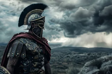 Photo sur Plexiglas Gris foncé Ancient warrior in armor standing before a stormy landscape