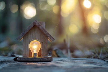 Wooden house model with a glowing light bulb inside