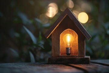 Wooden house model with a glowing light bulb inside